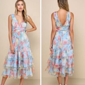 Lulus Perfectly Divine Blue Floral Tulle Tiered Ruffled Midi Dress large nwt